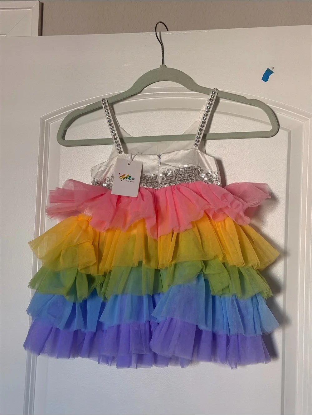 Lola + The Boys White Rainbow Tulle Dress with Silver Sequin Bow